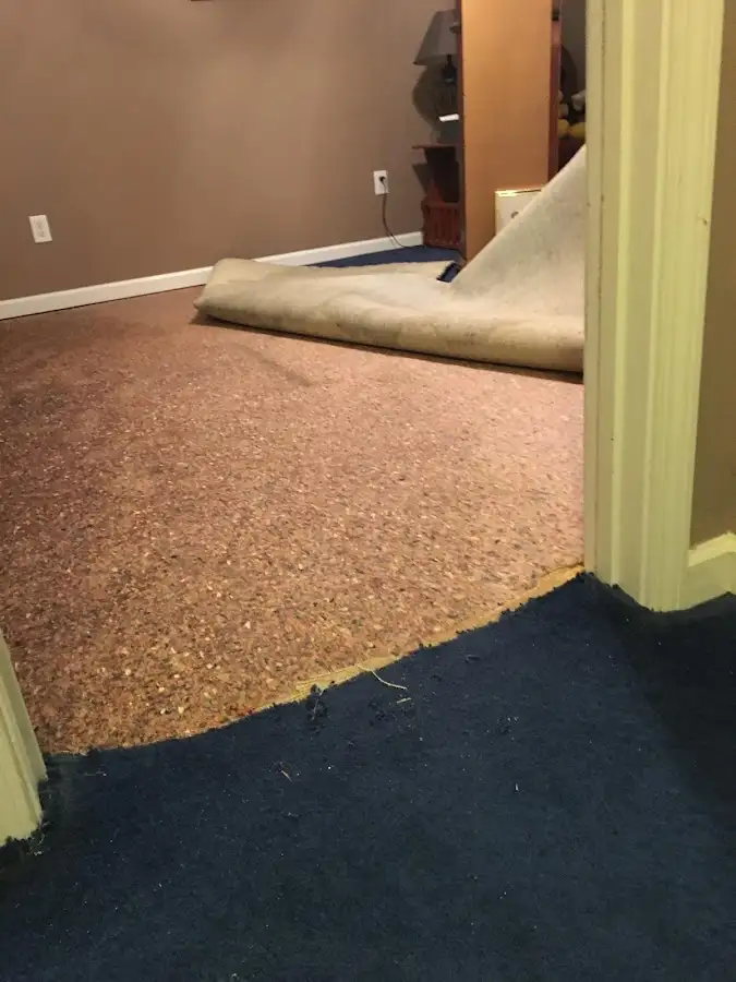 Carpet pad removal revealing water damage during Drying & Dehumidification in Jurupa Valley
