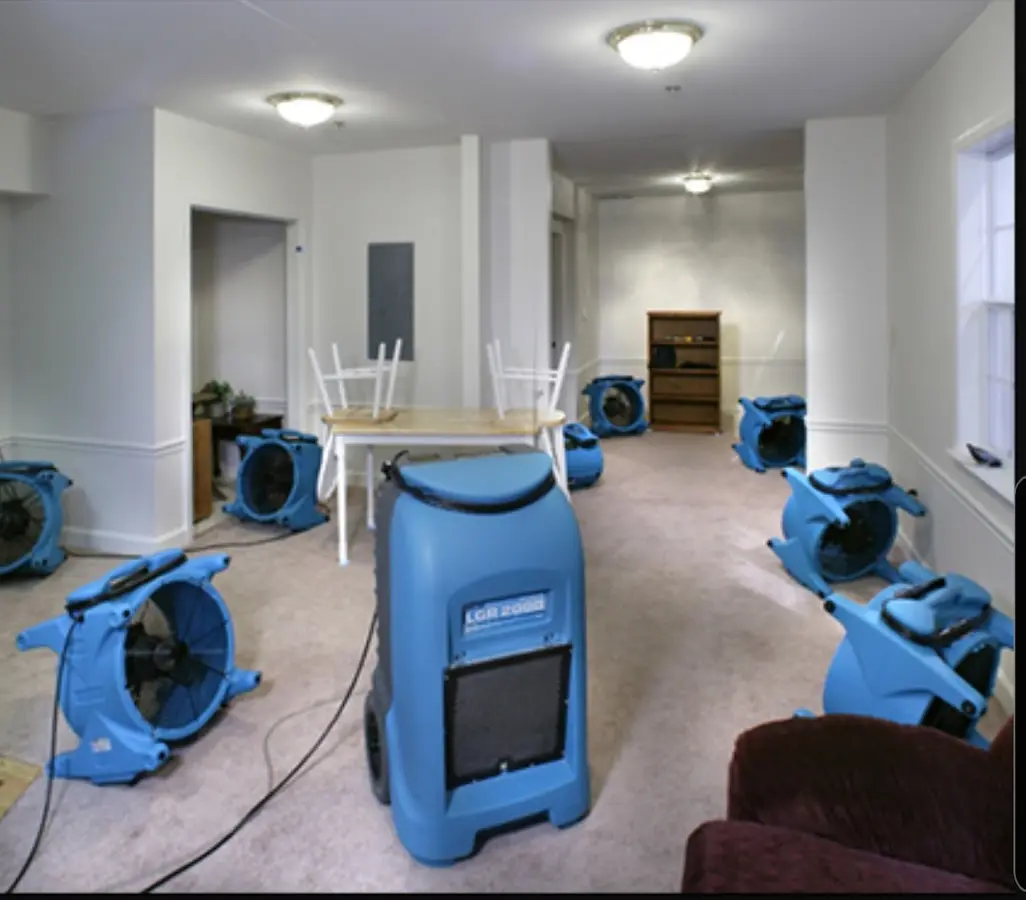 Air movers and dehumidifier setup for Water Damage Restoration in Jurupa Valley